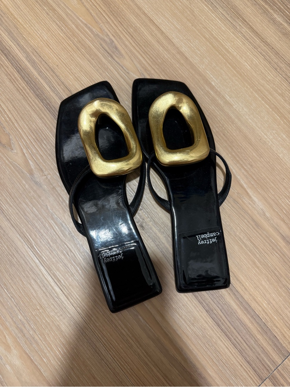 Jeffrey Campbell Black Patent Slides with Gold Sculptural Buckle